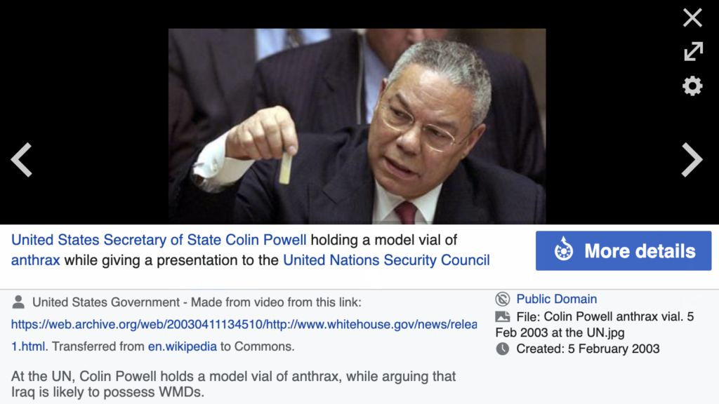Colin Powell argues that Iraq has WMDs and holds up a model vial of anthrax to make is point.